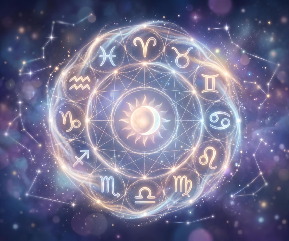 Świecące koło zodiaku z symbolami gwiazdozbiorów na tle nocnego nieba. O horoskopie na dziś przeczytasz na VOX FM.