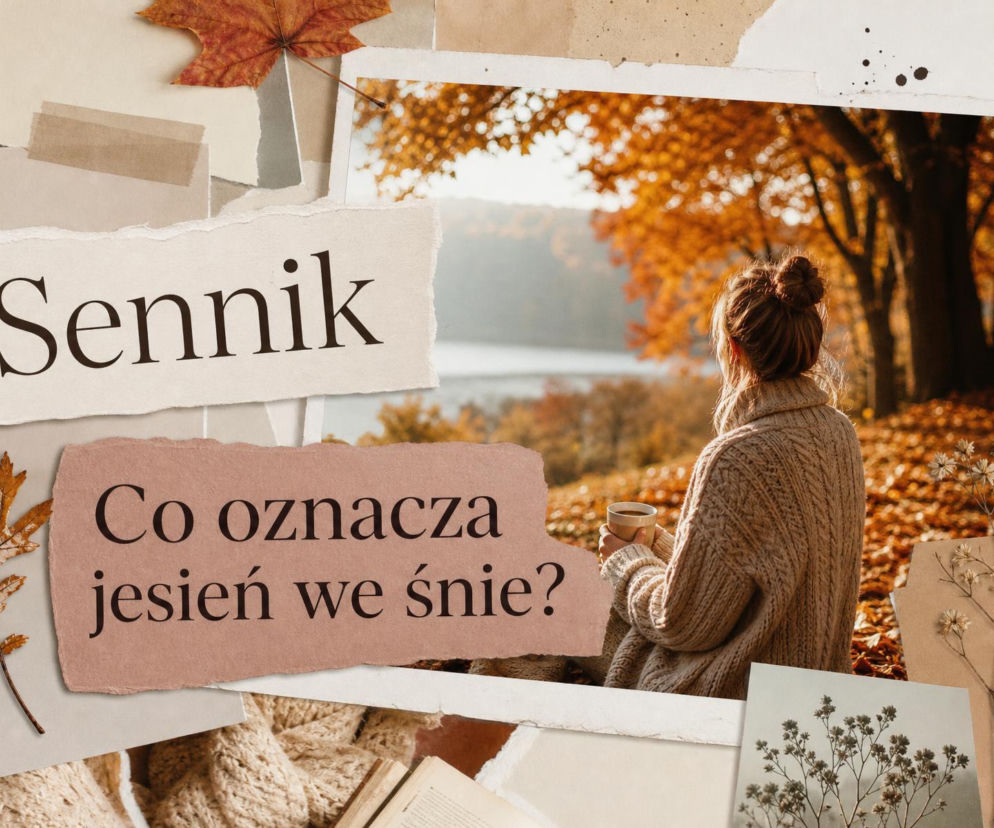 Kobieta siedzi tyłem i patrzy na jesienne drzewa. Obok napis Sennik. O znaczeniu snów przeczytasz na SE.