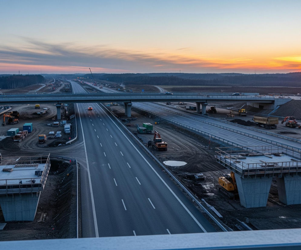 Na pierwszym planie widoczna jest budowa autostrady i wiaduktu, z główną jezdnią biegnącą przez środek kadru, a nad nią przechodzi kolejny odcinek drogi na filarach. Poniżej wiaduktu, po obu stronach drogi, rozmieszczone są maszyny budowlane, takie jak koparki i ładowarki, a także stosy materiałów i prowizoryczne konstrukcje. Dalej w tle rozciąga się krajobraz zalesionych terenów i odległych pól, a zachodzące słońce maluje niebo w odcieniach pomarańczu, różu i błękitu.