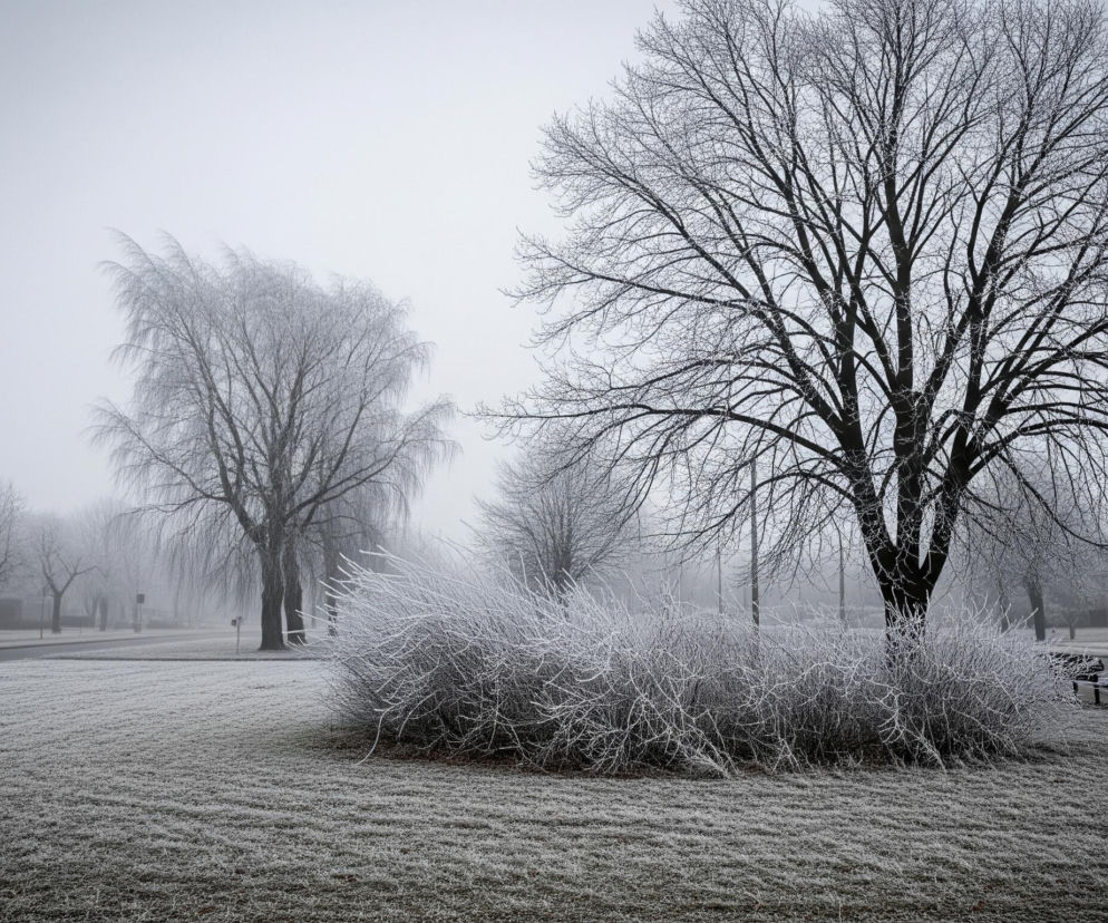 Zimowy krajobraz ukazuje park miejski pokryty szronem i mgłą. Dominują tu liczne drzewa o nagich gałęziach, pokrytych białym szronem, zwłaszcza te na pierwszym planie po prawej stronie. Trawa na całym obszarze jest oszroniona, tworząc warstwę białych kryształków. W oddali, po lewej stronie, widać drogę asfaltową, a za nią kolejne drzewa, które znikają w gęstej, szarej mgle. Po prawej stronie widać słup latarni ulicznej oraz fragment niskiej zabudowy mieszkalnej.