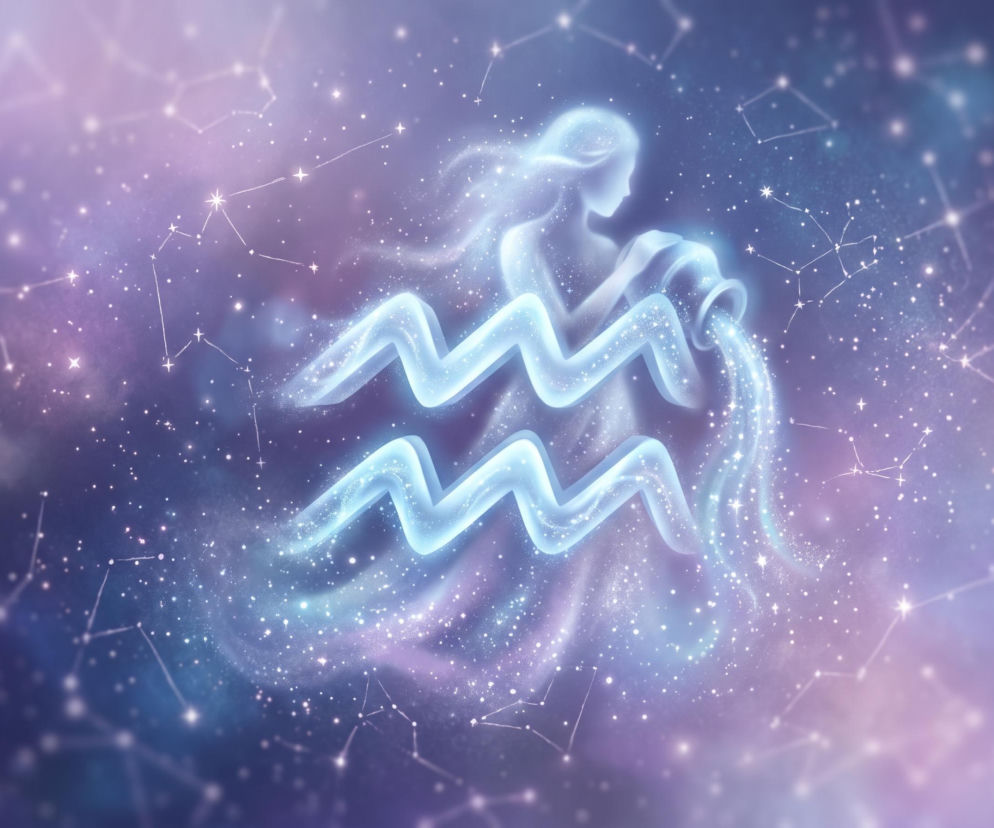 Symbol znaku zodiaku Wodnik na tle gwieździstego nieba. O horoskopie dla Wodnika przeczytasz w serwisie Eska.