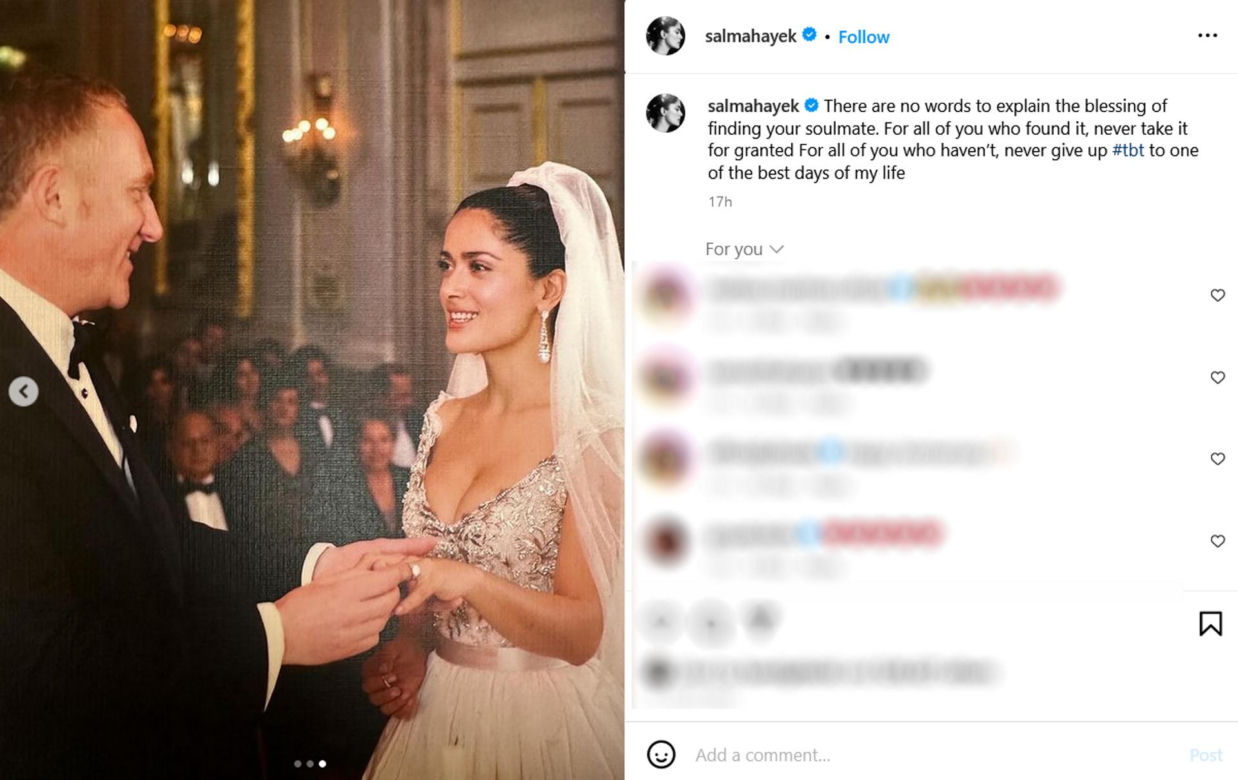 Salma Hayek pokazała niepublikowane zdjęcia ze ślubu. Tak wyglądała 15 lat temu. Wow!