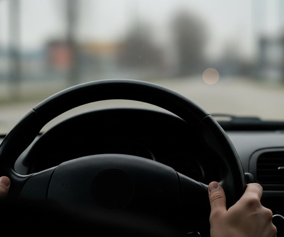 Osoba trzyma obiema rękami czarną kierownicę samochodu, widoczną od tyłu. Lewa część sylwetki kierowcy jest częściowo zacieniona. Za kierownicą rozciąga się niewyraźny widok drogi i otoczenia, z rozmazanymi kształtami budynków i drzew w tle, oraz pojedynczym, jasnym, okrągłym światłem w oddali. Deska rozdzielcza samochodu, widoczna w dolnej części obrazu, jest czarna i zawiera kratki nawiewu powietrza oraz czerwony przycisk trójkąta ostrzegawczego po prawej stronie.