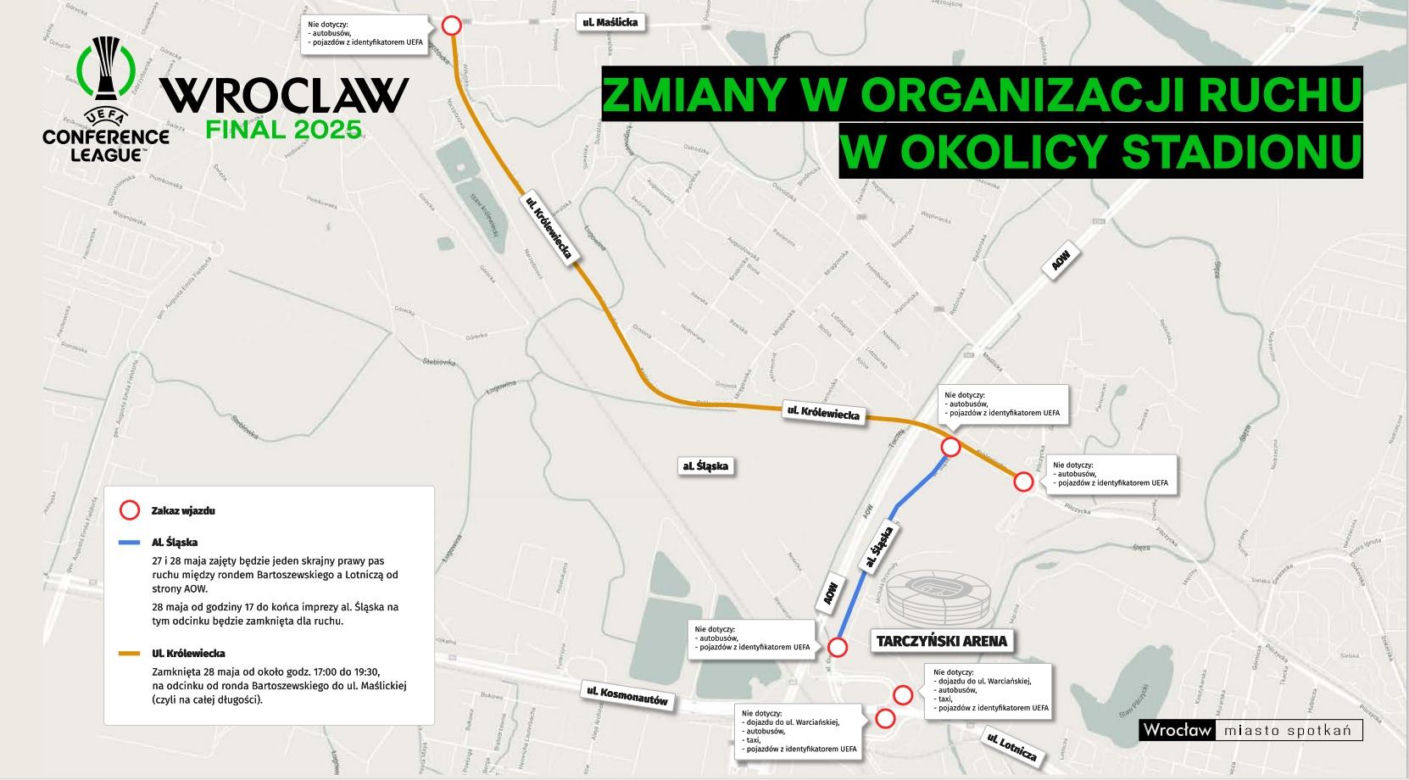Finał Ligi Konferencji Europy 2025 we Wrocławiu - zmiany w organizacji ruchu