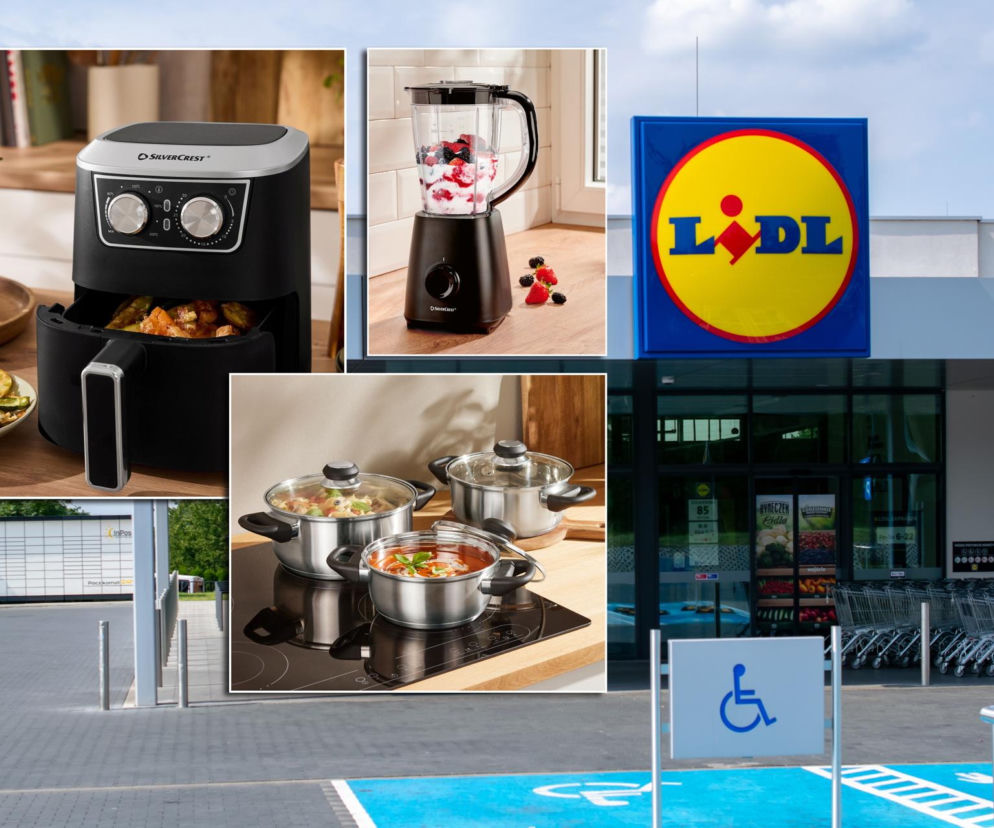 Wejście do sklepu Lidl z widocznym logo, obok stoją wózki na zakupy. Na pierwszym planie niebieskie miejsce parkingowe dla osób niepełnosprawnych, natomiast w tle paczkomat InPost. W kolażu zdjęcia kuchennych pomocników SilverCrest: frytkownicy beztłuszczowej, blendera i garnków. Więcej o promocjach Lidla przeczytasz na Super Biznes.