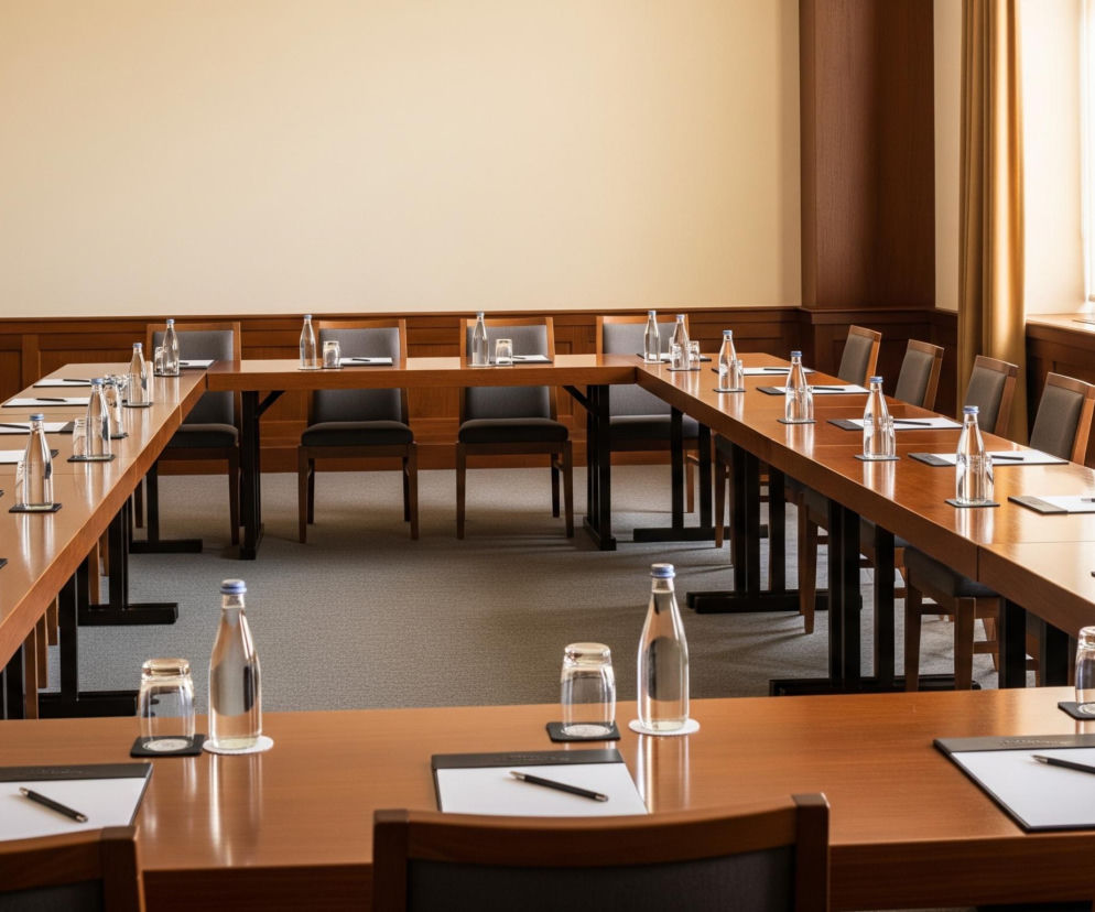 Puste, jasnobeżowe ściany tworzą górną część pomieszczenia, kontrastując z ciemnym drewnianym panelem ozdobionym listwami biegnącymi wzdłuż dolnej części ściany. Duży, brązowy drewniany stół konferencyjny w kształcie litery „U” dominuje w centrum obrazu, otoczony krzesłami z drewnianymi ramami i szarymi, tapicerowanymi oparciami. Na stole, w równych odstępach, stoją przezroczyste szklane butelki wody z niebieskimi nakrętkami oraz puste szklanki, a także podkładki z białymi kartkami i długopisami. Po prawej stronie pomieszczenia, za stołem, znajduje się jasne okno, częściowo zasłonięte ciężkimi, brązowymi zasłonami.