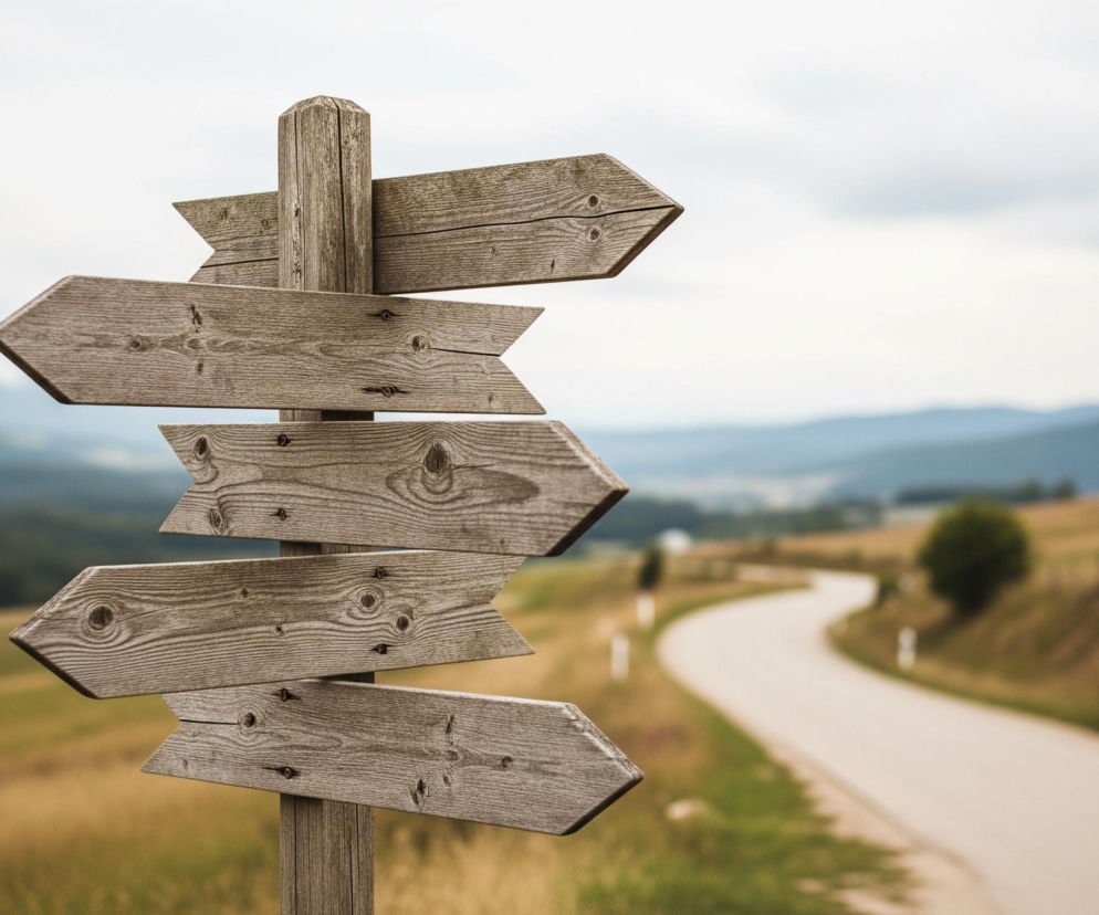 Na pierwszym planie, po lewej stronie kadru, wznosi się drewniany słup z sześcioma strzałkami drogowskazowymi wykonanymi z tego samego materiału. Strzałki, o różnych długościach i szerokościach, są skierowane w lewo i w prawo, posiadając widoczne słoje drewna oraz sęki, a także metalowe nity mocujące je do słupa. Tło rozciąga się w głąb obrazu, ukazując wijącą się asfaltową drogę biegnącą przez zielono-brązowe pola, a za nią horyzont z zamglonymi wzgórzami pod pochmurnym niebem.