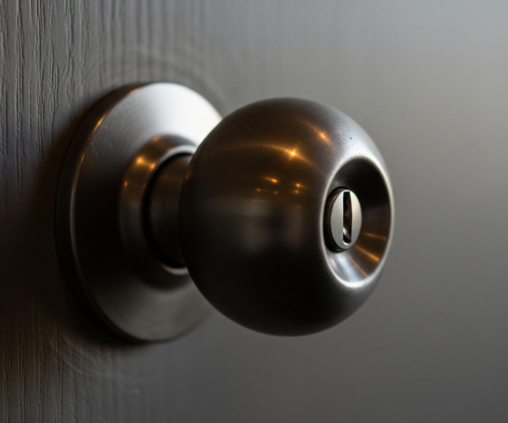 Metalowa, srebrno-szara klamka o kulistym kształcie z widocznym otworem na klucz jest centralnym elementem obrazu, mocno oświetlona z lewej strony, tworząc wyraźne odbicia światła na jej powierzchni. Osadzona jest na panelu drzwi, który ma ciemniejszy, drewniany wzór z pionowymi żłobieniami po lewej stronie. Tło po prawej stronie klamki jest gładkie i szare, a całość obrazu utrzymana jest w stonowanej kolorystyce z głębokimi cieniami.