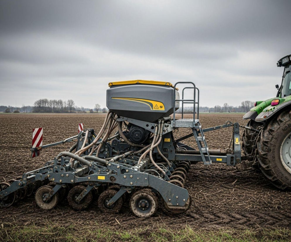 Zielony ciągnik z siewnikiem do zbóż na zaoranym polu pod pochmurnym niebem, gotowy do pracy. Scena ilustruje kluczowe momenty w rolnictwie, takie jak opóźniony siew, o którym przeczytasz więcej na Super Biznes.
