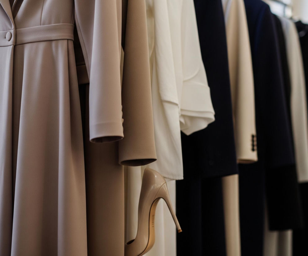 Rząd ubrań w różnych kolorach wisi na wieszakach, dominują odcienie beżu, kremu, bieli i granatu. Na pierwszym planie, po lewej stronie, znajduje się beżowa sukienka lub płaszcz z widocznym guzikiem i paskiem. Poniżej rękawa jednego z beżowych ubrań wisi beżowy szpilka o błyszczącej powierzchni, zwrócona obcasem w prawo. Tło jest rozmyte, z widocznymi, jasnymi punktami świetlnymi.