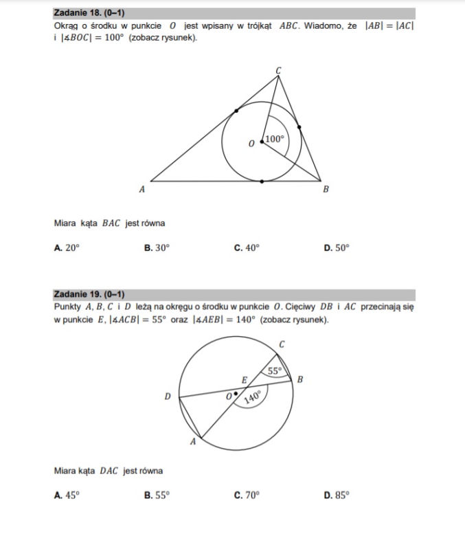 Matura poprawkowa z matematyki 2021 - zadania zamknięte 18-19 (1 punkt)