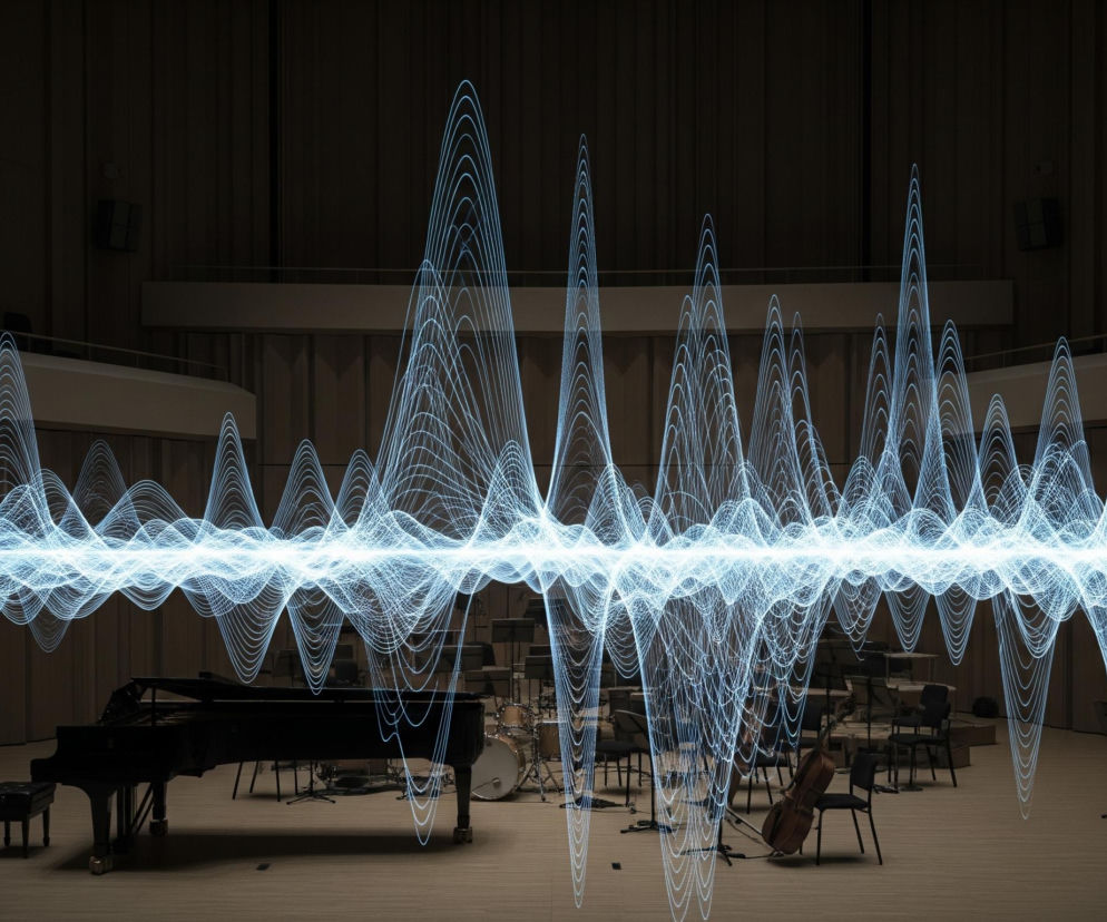 Centralnie przez obraz przebiega horyzontalna linia złożona z licznych, jasno-błękitnych, falujących linii, przypominających wizualizację dźwięku. Linie te rozchodzą się na boki i w dół, tworząc skomplikowany, trójwymiarowy wzór falowy. Tło stanowi wnętrze sali koncertowej, z ciemnymi, brązowymi ścianami i jasną, drewnianą podłogą. Na podłodze widoczne są instrumenty muzyczne: czarny fortepian z otwartą klapą po lewej, zestaw perkusyjny i wiolonczela oparta o krzesło po prawej stronie, oraz liczne puste krzesła i pulpity na nuty. Nad sceną, w tle, widoczne są ciemne rzędy siedzeń w widowni.