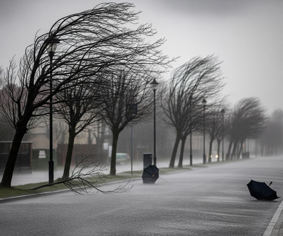 Ulica miejska jest opanowana przez silny wiatr i deszcz, a bezlistne drzewa z lewej strony są mocno pochylone, a gałęzie wygięte w prawo. Na mokrym asfalcie leży złamana gałąź, a obok, na wysokości trawnika, widać odwróconą czarną parasolkę, która najprawdopodobniej została przewrócona przez wiatr. Dalej wzdłuż ulicy leży kolejna czarna parasolka, a w oddali na chodniku idą dwie rozmazane postacie, jedna z nich trzyma otwarty biały parasol. Szary, zachmurzony nieboskłon dominuje w tle, a w powietrzu wyraźnie widać krople deszczu.