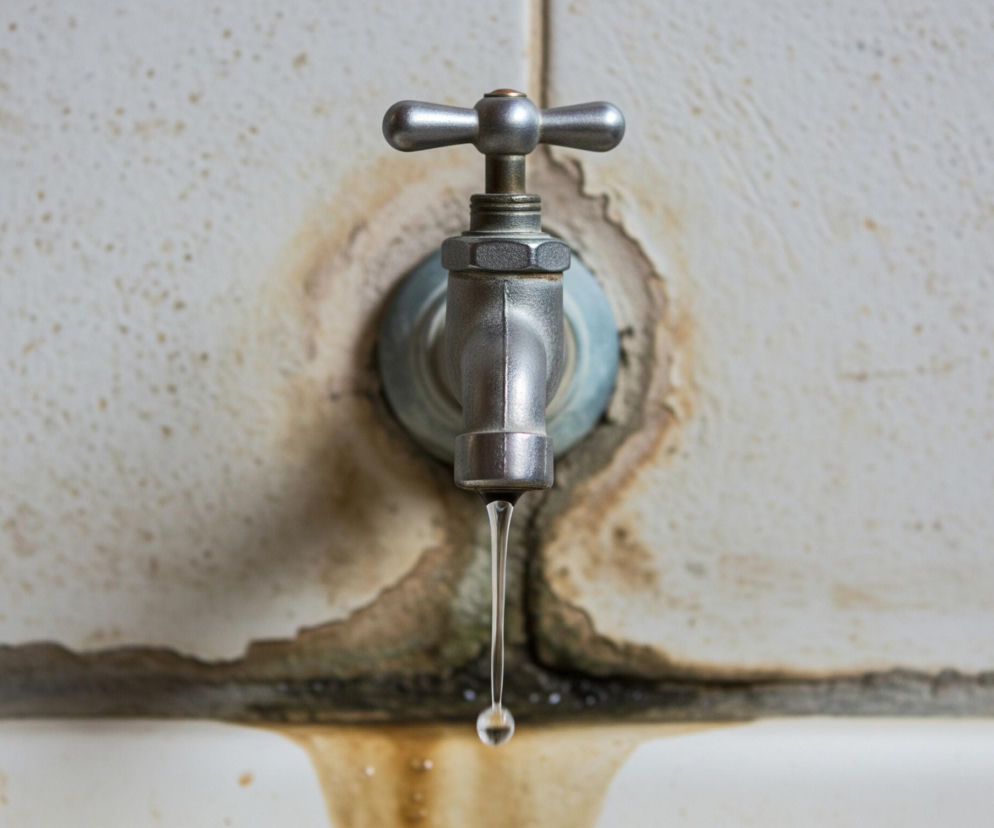 Centralnie umiejscowiony, srebrny kran z widocznym wyciekiem wody, z którego powoli kapie duża kropla, niemal dotykając jasnej powierzchni zlewu. Wokół kranu na kremowej, kafelkowej ścianie widoczne są brązowe zacieki i plamy, a także ciemniejszy, nieregularny osad tuż nad rantem zlewu. Ściana jest popękana i odchodzi od powierzchni w kilku miejscach, a na jej górnej części widoczne są liczne, drobne, brązowe plamki.