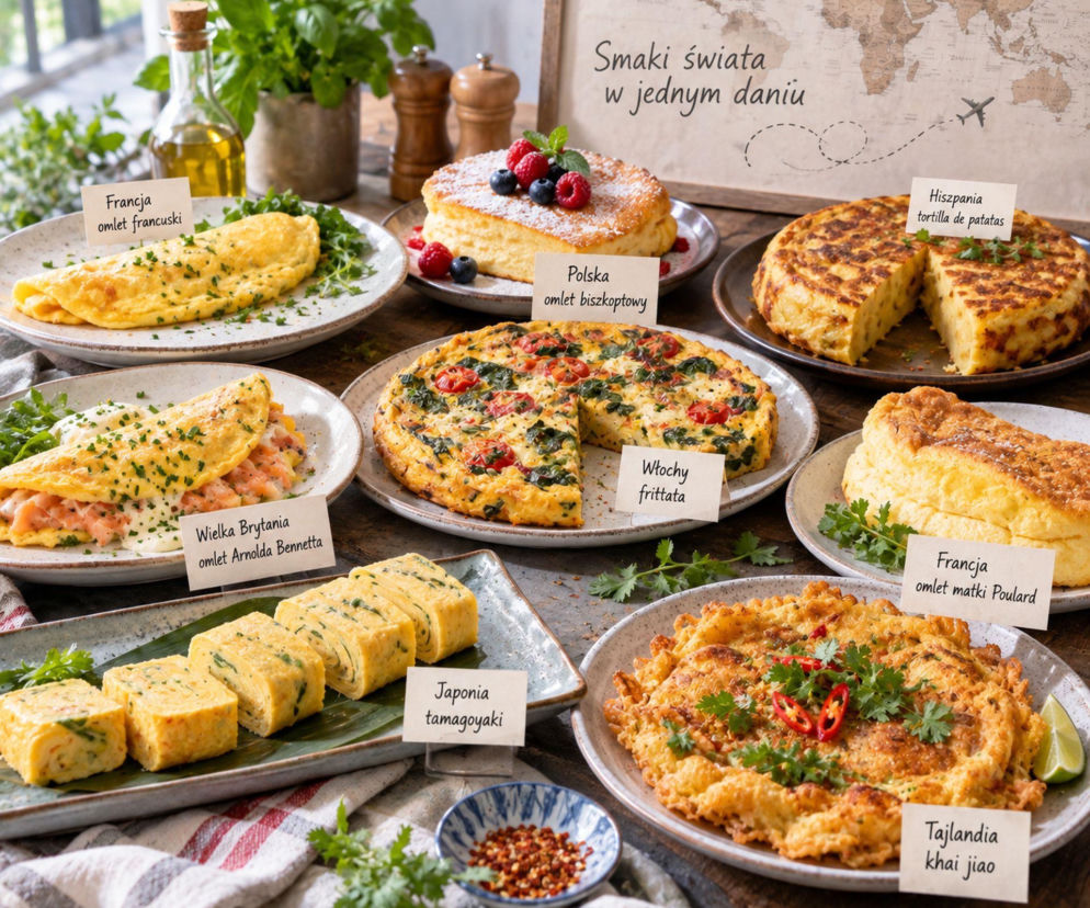 Różne rodzaje omletów z całego świata z etykietami państw. O ewolucji tego dania przeczytasz na Eska2.