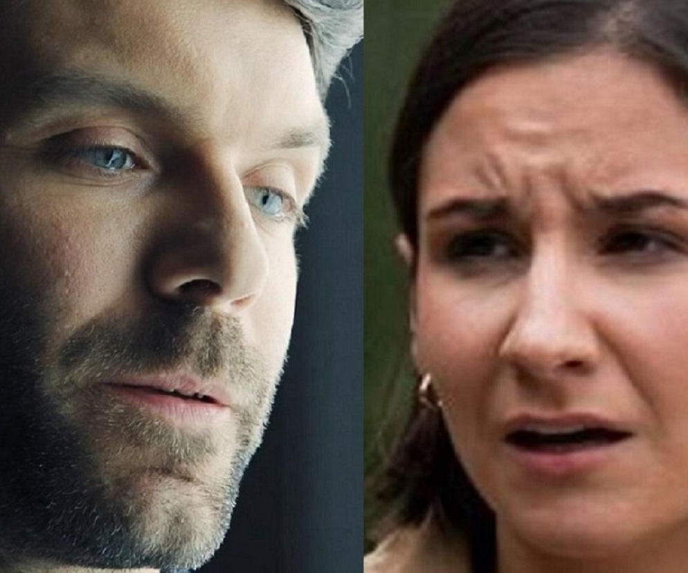 Zbliżenie na Martina (Paweł Izdebski), psychopatycznego byłego chłopaka Agnes (Amanda Mincewicz), który prześladuje ją w serialu M jak miłość. Twarz mężczyzny, z niebieskimi oczami, jest częściowo w cieniu. Obok widać przerażoną twarz Agnes. Więcej o ucieczce Agnes w Super Seriale.