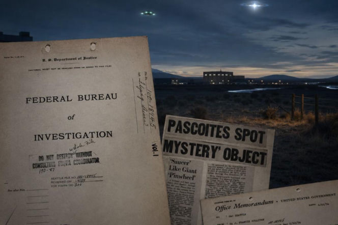 Teczka FBI z dopiskiem Latające dyski, wycinki prasowe z nagłówkiem Mieszkańcy Pasco dostrzegli tajemniczy obiekt oraz notatka służbowa z datą 6/22/54, na tle zmierzchowego krajobrazu z budynkami i latającymi spodkami. Więcej o teczce FBI przeczytasz na naszym portalu.