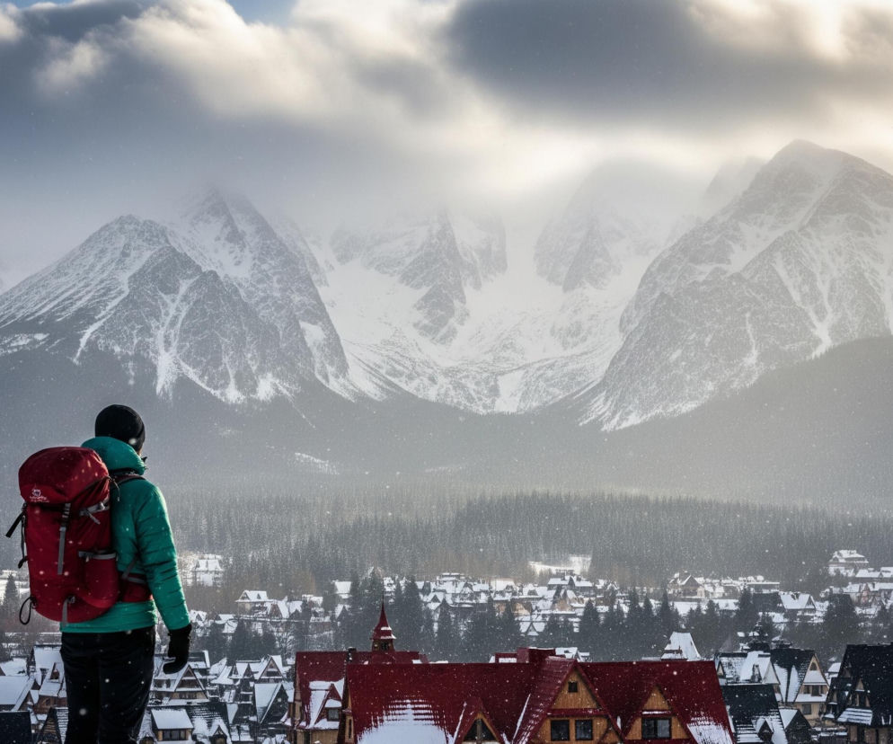 Postać w turkusowej kurtce i czarnych spodniach z czerwonym plecakiem na plecach stoi tyłem, patrząc na rozległy zimowy krajobraz. Przed nią rozciąga się zaśnieżone miasteczko z licznymi domami, z których niektóre mają czerwone dachy, a inne ciemne, pokryte białym puchem. W tle dominują majestatyczne, ośnieżone góry, częściowo zasłonięte przez niskie chmury i mgłę. Niebo jest częściowo błękitne, a częściowo pokryte szarymi chmurami, przez które przebija się słońce, oświetlając fragmenty gór i chmur. W powietrzu widać drobne płatki śniegu.