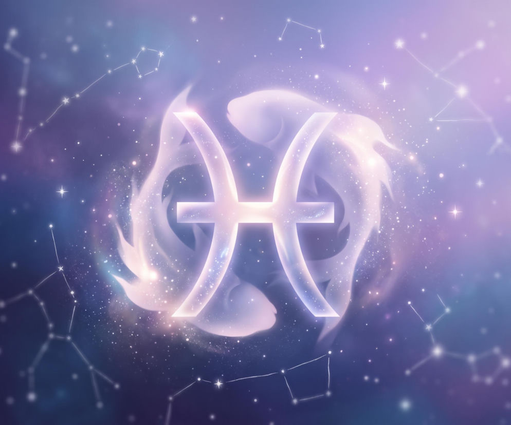 Świecący symbol zodiaku Ryb na tle gwieździstego nieba i sylwetek ryb. Horoskop dla tego znaku znajdziesz w serwisie Eska.