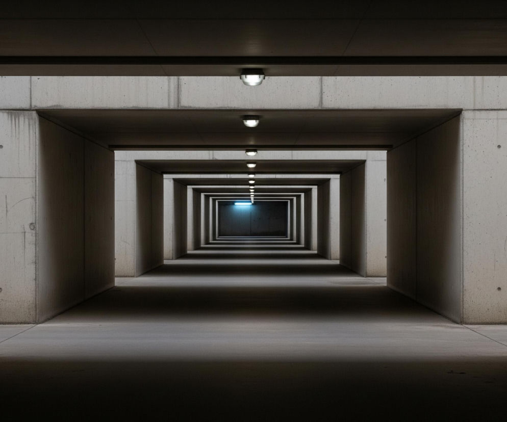 Długi, prosty korytarz wykonany z betonu z widocznymi prostokątnymi wnękami ciągnie się w głąb obrazu. Na suficie korytarza równomiernie rozmieszczono okrągłe, białe lampy, których światło stopniowo słabnie w miarę oddalania się w perspektywie. Najdalsza część korytarza jest oświetlona niebieskawym światłem. Betonowe ściany i podłoga korytarza mają szary odcień, ciemniejący w oddali i przy krawędziach ramy obrazu.