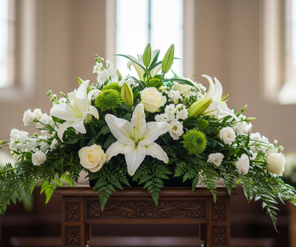 Duża kompozycja kwiatowa w bieli i zieleni centralnie dominuje na drewnianym, rzeźbionym postumencie. Bukiet składa się z białych lilii, róż o jasnokremowym odcieniu, kulistych zielonych chryzantem oraz licznych drobnych białych kwiatów i paproci. W tle widoczne są rozmyte, pionowe okna, wpuszczające jasne światło do wnętrza, a ściany mają beżowo-brązowy kolor.