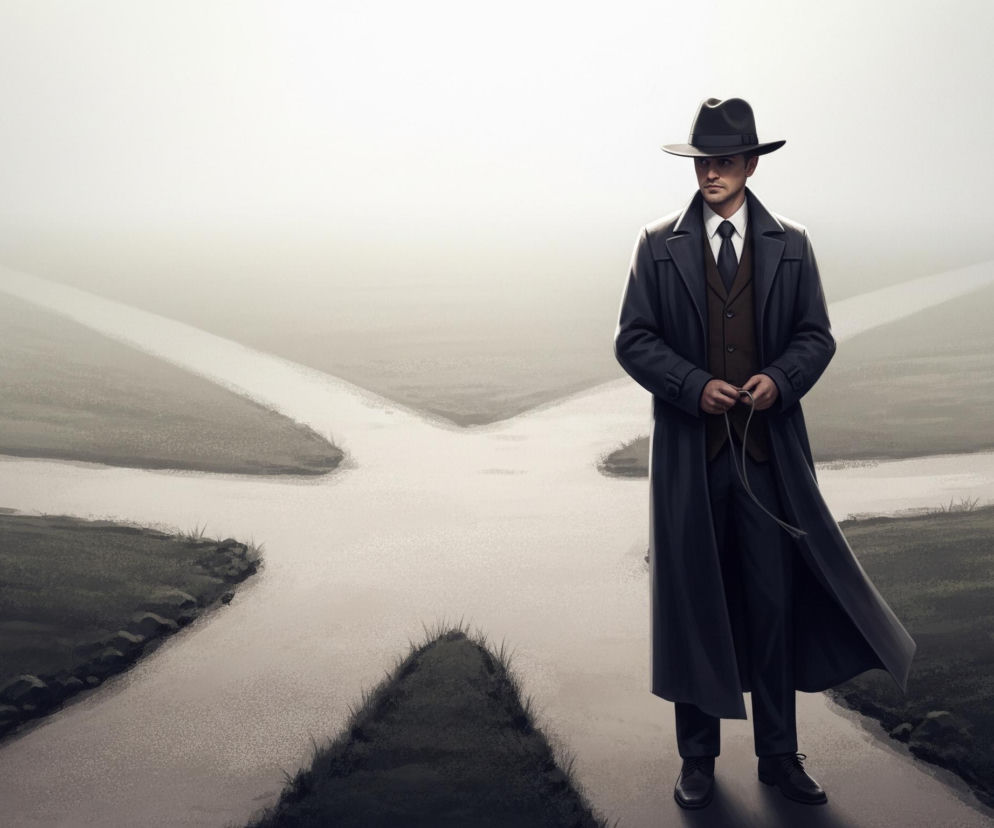 Mężczyzna w ciemnym płaszczu i kapeluszu stoi na rozstaju dróg, patrząc w prawą stronę. Ma na sobie białą koszulę z ciemnym krawatem i brązową kamizelkę. W rękach trzyma pętlę ze sznurka, a jego płaszcz powiewa na wietrze, odsłaniając nogawki i eleganckie buty. Tło stanowi mglisty krajobraz z czterema ścieżkami rozchodzącymi się od jego stóp, otoczonymi niską, ciemnozieloną trawą i niewielkimi kamieniami.