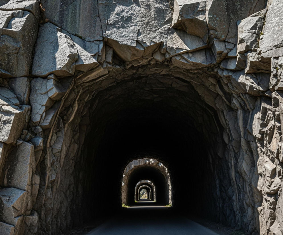W centrum obrazu znajduje się ciemny, wydrążony tunel w skale, którego wewnętrzne ściany są nierówne i skaliste. Tunel stopniowo zwęża się w oddali, ukazując serię coraz mniejszych, jasnych otworów na jego końcu, tworząc efekt perspektywy. Otaczające tunel skały mają szarą barwę z odcieniami beżu i zieleni, a ich powierzchnia jest popękana i nieregularna, z widocznymi warstwami i odłamkami. Po bokach tunelu, w górnej części obrazu, widoczne są fragmenty nieba oraz pojedyncze kępy zielonej roślinności wyrastającej spomiędzy szczelin skalnych.
