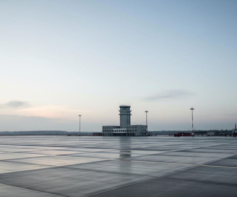 Betonowa płyta lotniska, podzielona na kwadratowe segmenty, zajmuje dużą część pierwszego planu, odbijając blade światło nieba. W tle, na środku obrazu, stoi wysoka, biała wieża kontroli lotów z charakterystyczną, zieloną kopułą na szczycie. Po prawej stronie wieży widoczny jest mały, szary samolot z ciemnym kadłubem i skrzydłami, a obok niego czerwony pojazd ze świecącymi światłami. W oddali horyzont zamyka pas ciemnych drzew pod lekko zachmurzonym, jasnoniebieskim niebem, które przechodzi w jaśniejsze odcienie ku dołowi, z delikatnym różowawym odblaskiem zachodzącego słońca po lewej stronie.