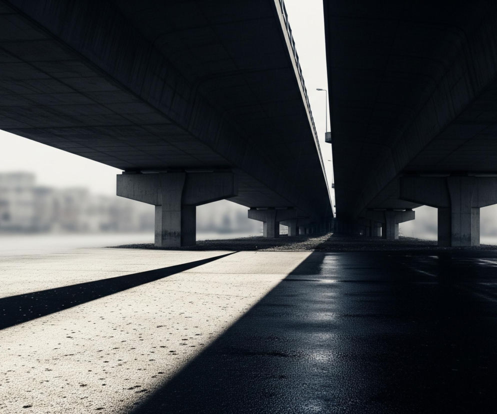Widok spod wiaduktu lub estakady, ukazując dwie masywne, betonowe konstrukcje w ciemnych odcieniach, zbiegające się w oddali, między którymi widać jasny pas nieba i słupy oświetleniowe. Na ziemi widoczna jest nawierzchnia, częściowo oświetlona jasnym, chropowatym betonem z długimi cieniami, a częściowo pokryta ciemnym, błyszczącym asfaltem z refleksami światła. W tle, rozmyte, majaczą zarysy miejskich budynków.