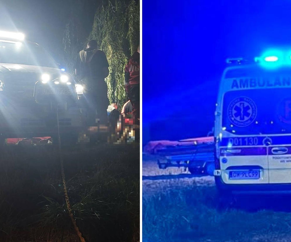 Służby na miejscu wypadku w Siechnicach. Obok na wstawce ambulans. O akcji ratunkowej przeczytasz na Eska Wrocław.