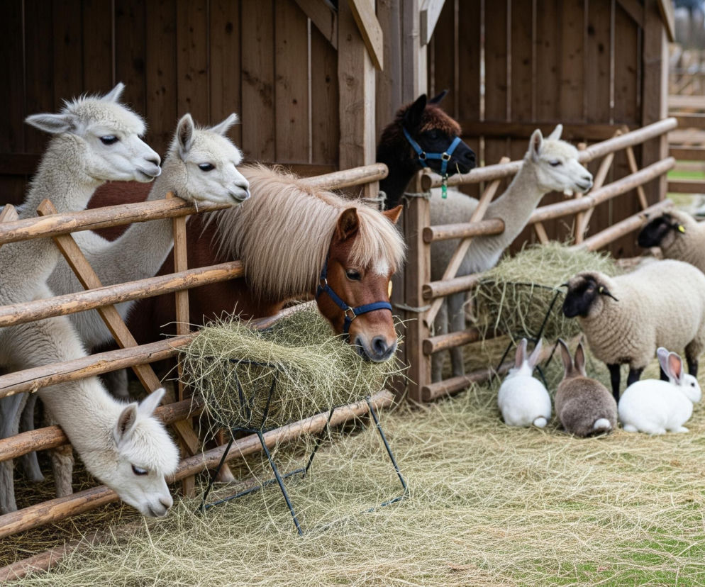Zwierzęta w drewnianej zagrodzie z siana obejmują alpaki, małego kucyka, owce i króliki. Na pierwszym planie po lewej stronie znajdują się cztery jasne alpaki, z których trzy wystawiają głowy ponad drewniany płot, a jedna pochyla się, aby zjeść siano z ziemi. Obok nich, po prawej stronie, znajduje się brązowy kucyk z jasną grzywą i błękitną uzdą, jedzący siano z metalowego paśnika. W tle po prawej stronie za płotem widać dwie owce z czarnymi głowami i nogami, oraz trzy króliki – dwa białe i jeden brązowy – siedzące na sianie. Cała scena rozgrywa się na trawiastym terenie, częściowo pokrytym sianem, a w tle widać ciemny drewniany budynek i zamazaną postać człowieka.