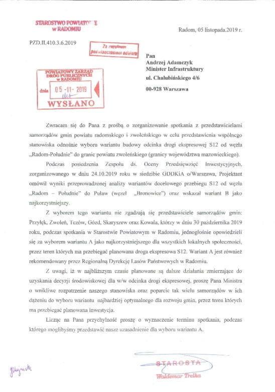 Budowa trasy S12. Samorządowcy z powiatu radomskiego i zwoleńskiego za wariantem A