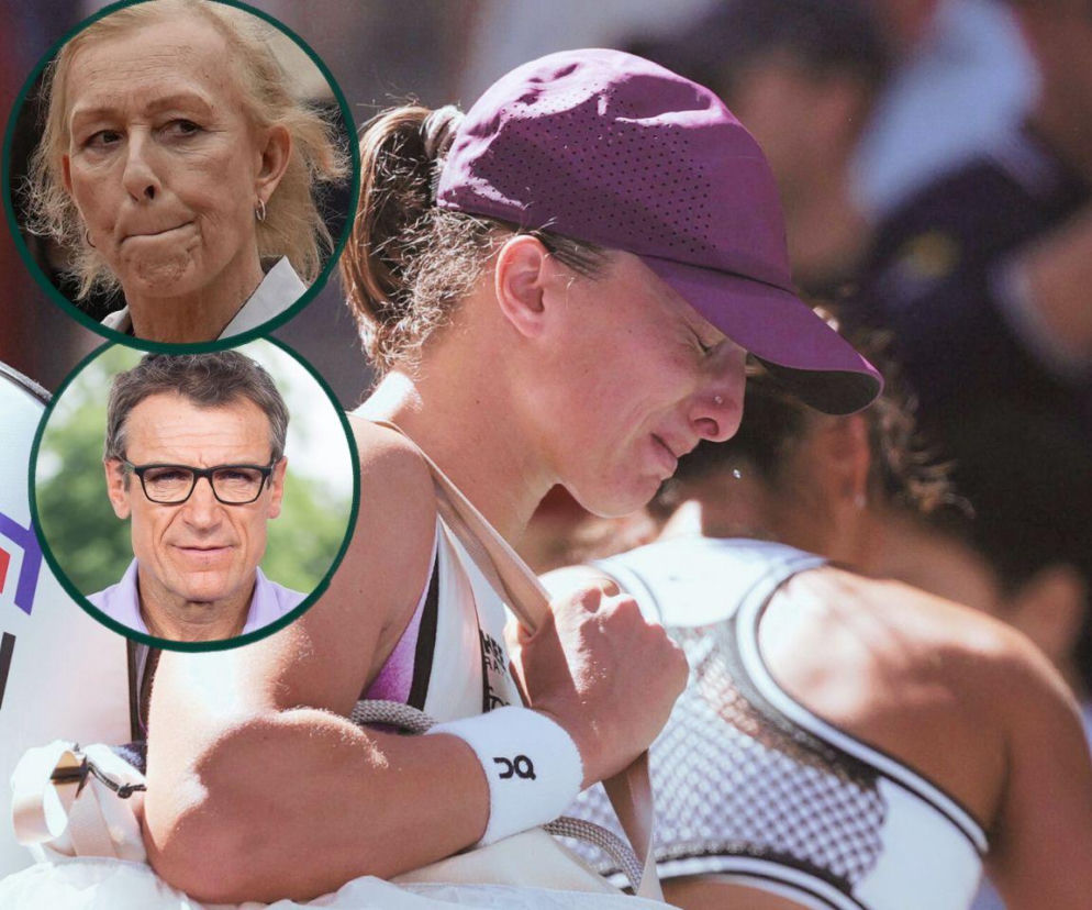 Iga Świątek ze spuszczoną głową. Obok miniatury Martiny Navratilovej i Matsa Wilandera. O US Open przeczytasz na SE Supersport.