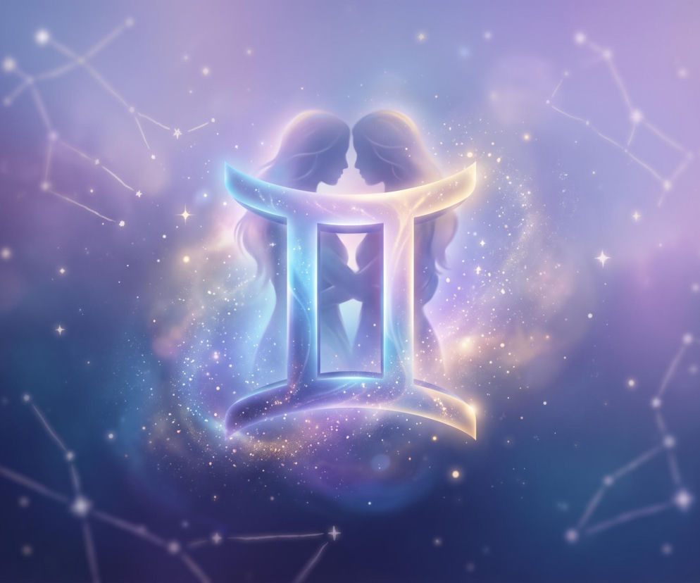 Symbol znaku zodiaku Bliźnięta na tle dwóch sylwetek kobiet i konstelacji gwiazd. O horoskopie przeczytasz w serwisie Eska.