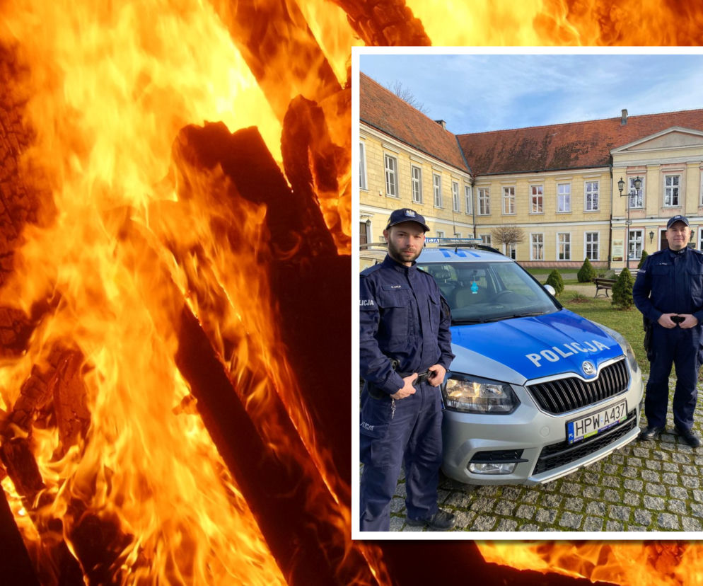 Budynek stanął w płomieniach. Policjanci z Trzebiatowa uratowali rodzinę i psa