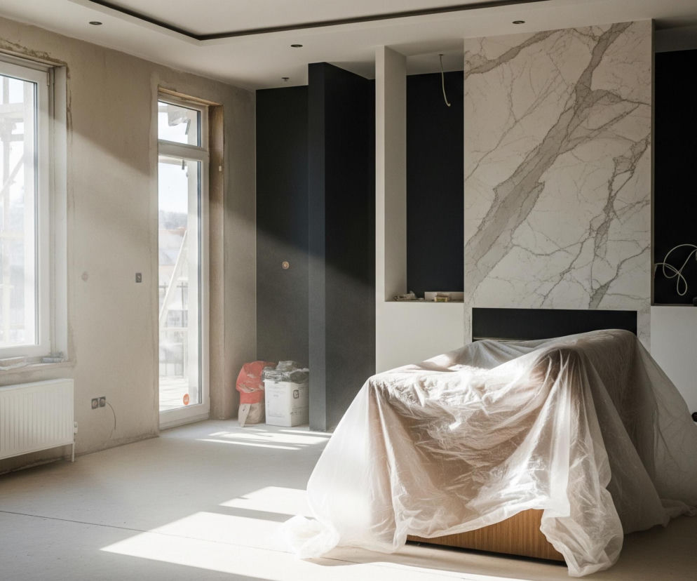 Wnętrze pomieszczenia w trakcie remontu, gdzie główną część kadru zajmuje biała, przezroczysta folia ochronna narzucona na mebel o brązowej, plecionej teksturze. Po lewej stronie znajdują się dwa duże okna z białymi ramami, przez które wpada jasne światło słoneczne, rzucając cienie na beżową podłogę. Obok okien widać biały grzejnik, a w tle za oknami rozpościera się widok na rusztowanie i fragment zieleni. Prawa strona pomieszczenia ukazuje częściowo wykończoną ścianę z fragmentem czarnej powierzchni i panelami imitującymi biały marmur z szarymi żyłkami, a także widoczne są zwisające kable elektryczne.