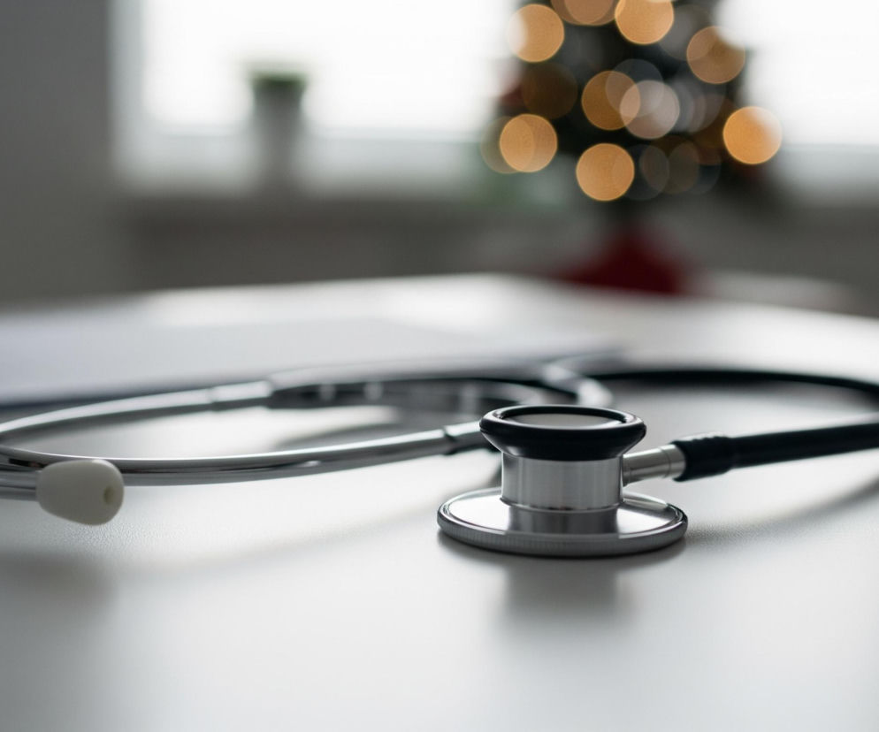 Na pierwszym planie leży stetoskop z metalową główką i czarnymi rurkami. Białe końcówki douszne stetoskopu są skierowane w lewo, a jego rurki delikatnie załamują się, tworząc pętlę. Za stetoskopem widoczny jest niewyraźny zarys dokumentów lub notatnika na clipboardzie. W tle rozmazane światła, prawdopodobnie ozdoby choinkowe, świecą ciepłym, pomarańczowym blaskiem, a za nimi widać fragment jasnego okna.