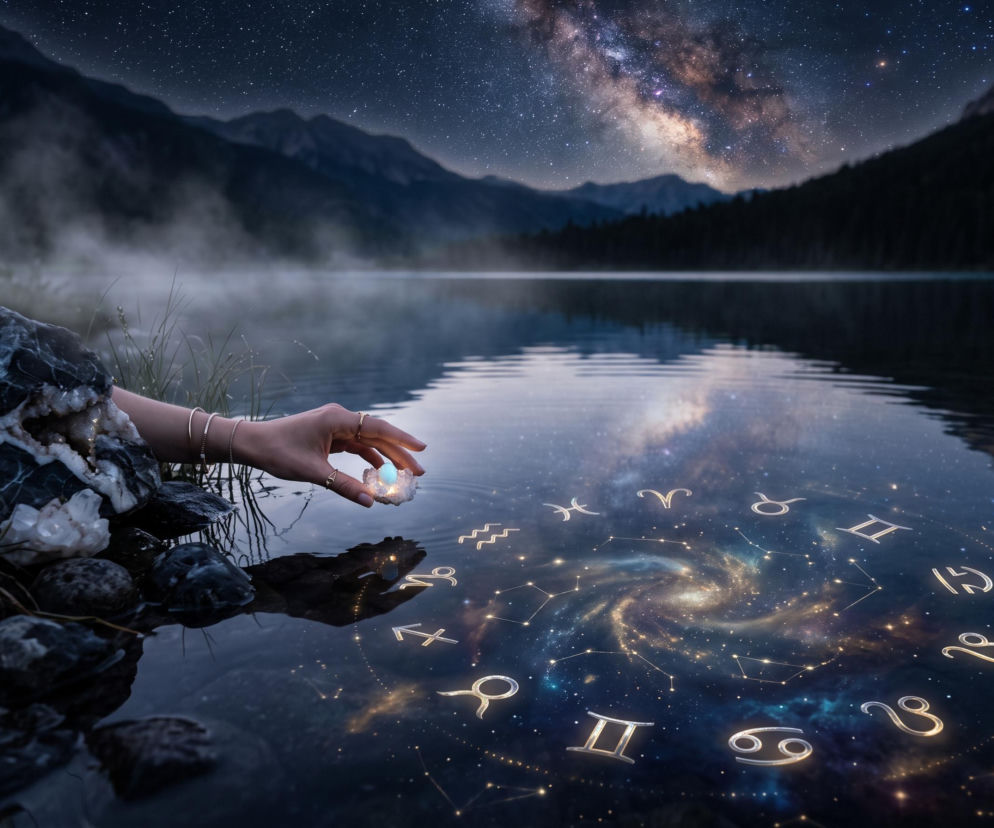 Dłoń trzymająca świecący kamień nad taflą jeziora z odbiciem znaków zodiaku. O horoskopie dziennym przeczytasz na SE.