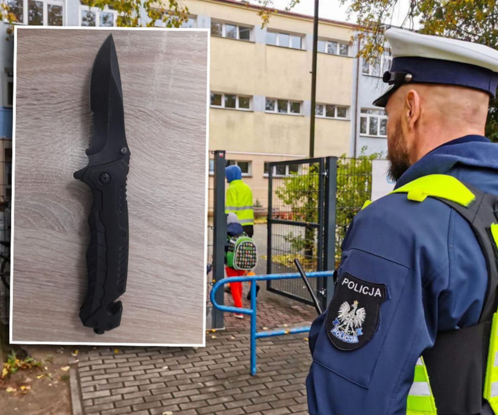 Policjant przed szkołą. Na wstawce czarny nóż składany. O 14-latku z Józefowa przeczytasz na Eska Warszawa.