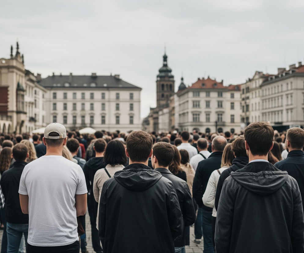 Wielu ludzi stoi na dużym placu, ich plecy są zwrócone w stronę widza. Przed nimi rozciąga się miejski pejzaż z zabytkowymi budynkami pod pochmurnym niebem. Na pierwszym planie widać pięciu mężczyzn, w tym jednego w białej koszulce i beżowej czapce z daszkiem, a także dwie kobiety, jedna w czarnej skórzanej kurtce, druga w dżinsowej katanie. W tle dominuje jasnobrązowy budynek z charakterystycznymi arkadami, czerwonymi elementami i rzeźbionymi detalami na dachu, po lewej stronie kadru, oraz ciemna wieża zegarowa po prawej stronie, otoczona jasnymi kamienicami z czerwonymi dachami.