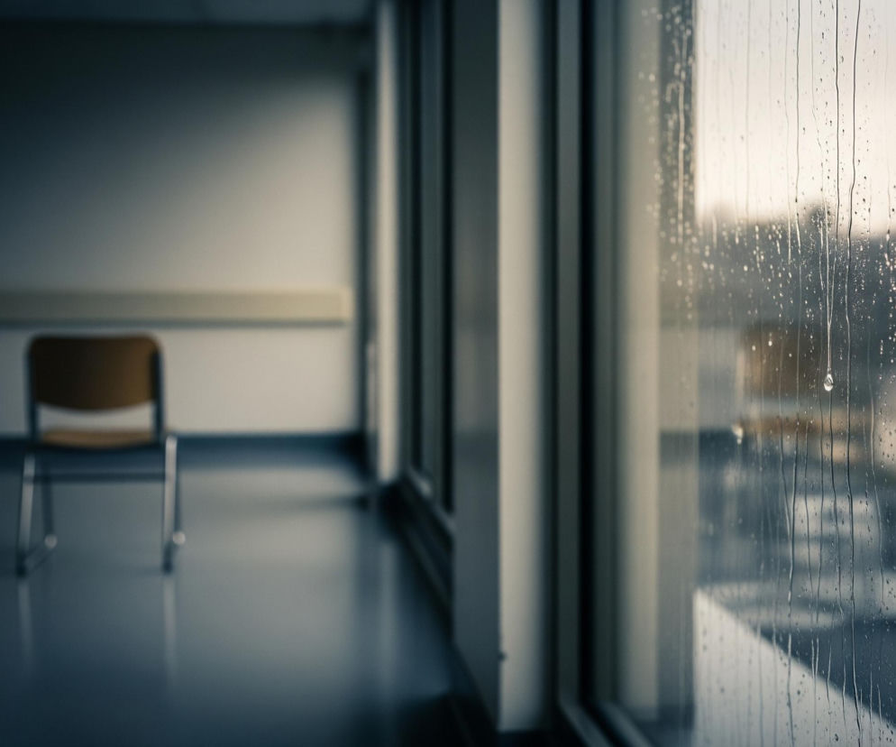 Prawa strona obrazu zdominowana jest przez pionowe okno pokryte licznymi kroplami deszczu, spływającymi smugami po szybie; przez mokrą szybę widać niewyraźny, miejski krajobraz z ciemnymi budynkami. Lewa część ukazuje puste pomieszczenie z białawymi ścianami i granatową podłogą, a w oddali, na środku kadru, stoi pojedyncze krzesło z jasnym, beżowym oparciem i siedziskiem oraz metalowymi, srebrnymi nogami. Długi, poziomy, beżowy element przypominający poręcz biegnie wzdłuż ściany za krzesłem, dodając perspektywy do wnętrza.