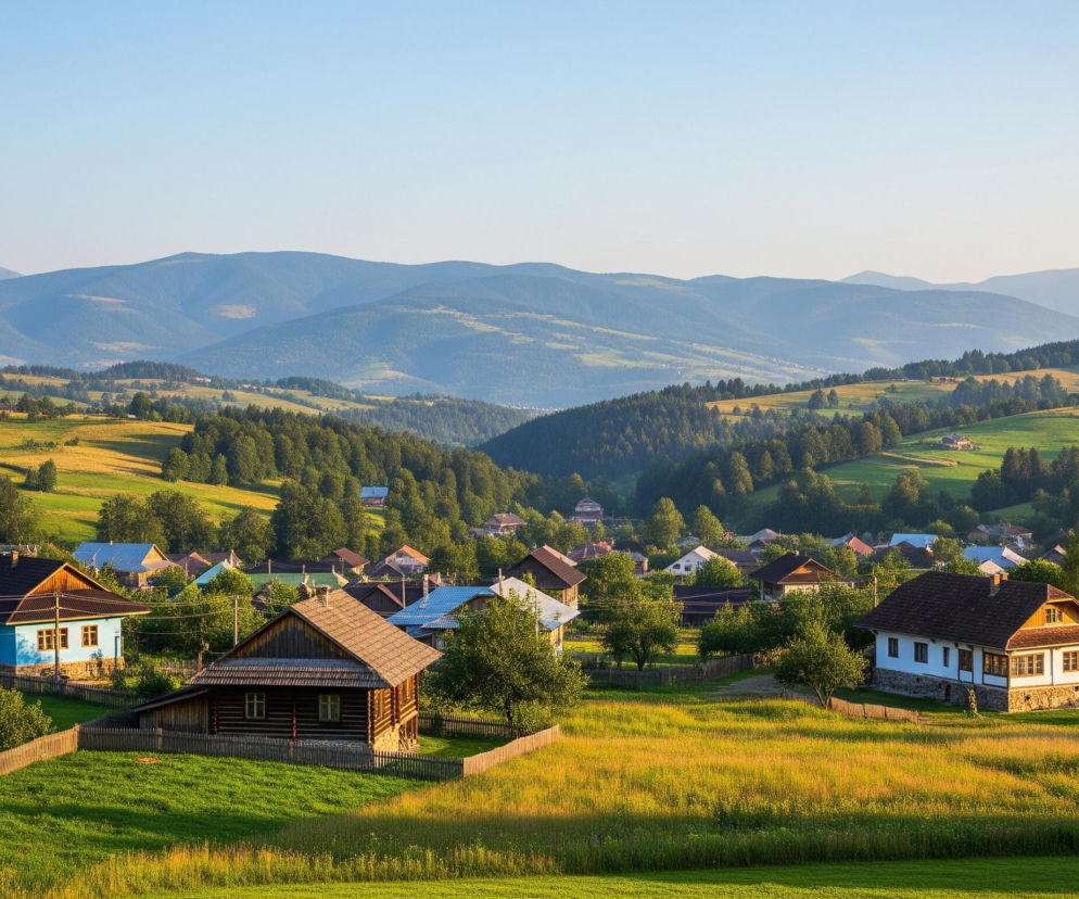 Przedstawiony jest rozległy krajobraz górski, z doliną usianą małymi domami, głównie drewnianymi lub z białymi ścianami i ciemnymi dachami. Na pierwszym planie widać zielone i żółte pola traw, miejscami otoczone drewnianymi płotami, z pojedynczymi drzewami i krzewami. W tle widoczne są warstwy gęstych, zielonych lasów pokrywających zbocza gór, przechodzące w błękitno-szare, zamglone pasma w oddali pod jasnym, bezchmurnym niebem.