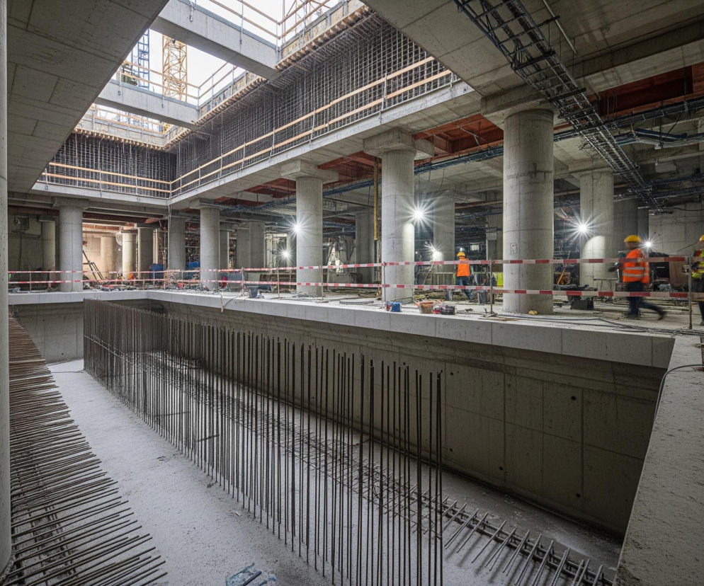 Rozległa, betonowa konstrukcja budowy o otwartym suficie dominuje na zdjęciu. Długa, prostokątna dziura w podłodze, wypełniona gęsto rozstawionymi pionowymi i poziomymi prętami zbrojeniowymi, biegnie przez środek kadru, oddzielając lewą stronę od prawej, gdzie znajduje się chodnik zabezpieczony biało-czerwoną taśmą. Na tym chodniku widocznych jest kilku robotników w żółtych kaskach ochronnych i kamizelkach odblaskowych – pomarańczowych i jasnozielonych – rozjaśnionych punktowymi źródłami światła, których blask tworzy gwiazdy. W tle widać betonowe słupy podtrzymujące wyższe kondygnacje, a także instalacje rurowe i okablowanie, natomiast na górze zdjęcia widoczna jest konstrukcja dźwigu budowlanego.