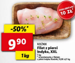 jednym z hitów jest filet z piersi indyka XXL -  9,90 zł/ 1 kg. W super cenie jest też mięso z nogi kurczaka - 7,99 zł/1 kg, żeberka wieprzowe paski - 14,19 zł/1 kg, polski udziec wołowy 24,99 zł/ 1 kg.