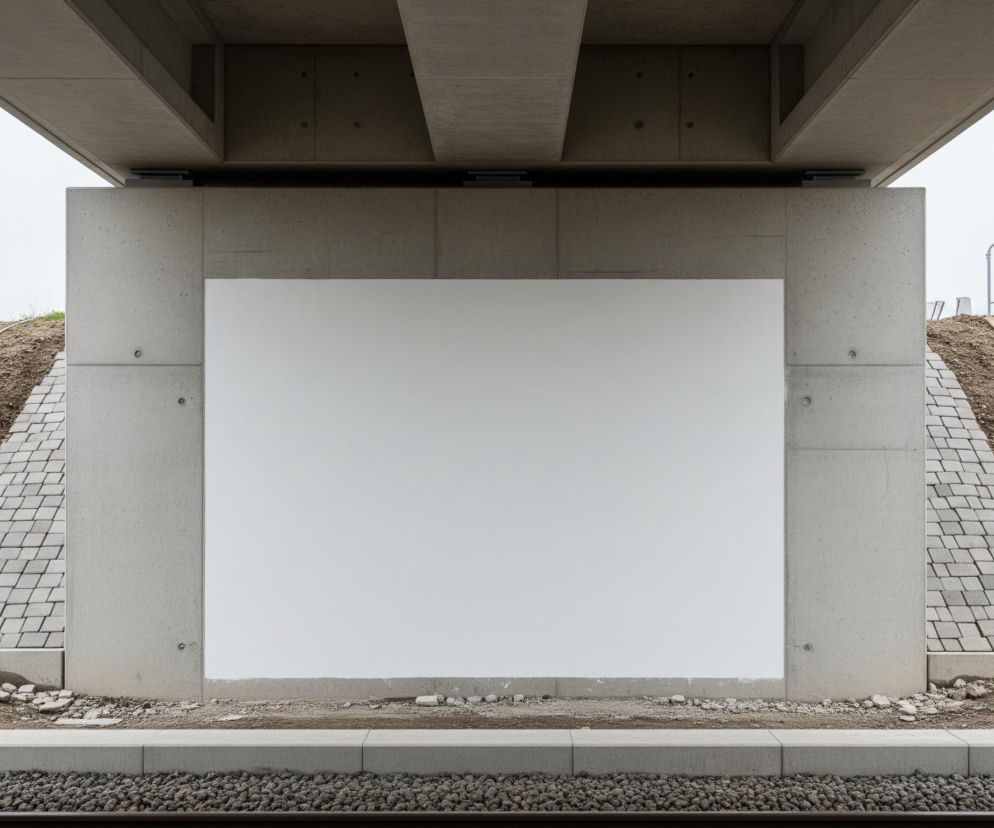 Centralnie w kadrze znajduje się duża, pusta, biała tablica umieszczona na betonowej ścianie, która jest częścią konstrukcji wspierającej most lub wiadukt. Nad tablicą widoczne są szare, betonowe belki konstrukcyjne, tworzące złożoną formę z poziomymi i pionowymi elementami. Po obu stronach betonowej ściany, na której wisi tablica, znajdują się pochyłe nasypy ziemne pokryte sporadyczną trawą i luźną ziemią, ograniczone u dołu betonowymi krawężnikami i brukowanymi skarpami. Na szczycie nasypów, po lewej i prawej stronie, ustawione są metalowe barierki ochronne, a w oddali po prawej stronie majaczy fragment czerwonego żurawia budowlanego na tle jasnego, zachmurzonego nieba. U dołu obrazu, przed betonowym krawężnikiem, widać szary żwir i fragment szyn kolejowych.