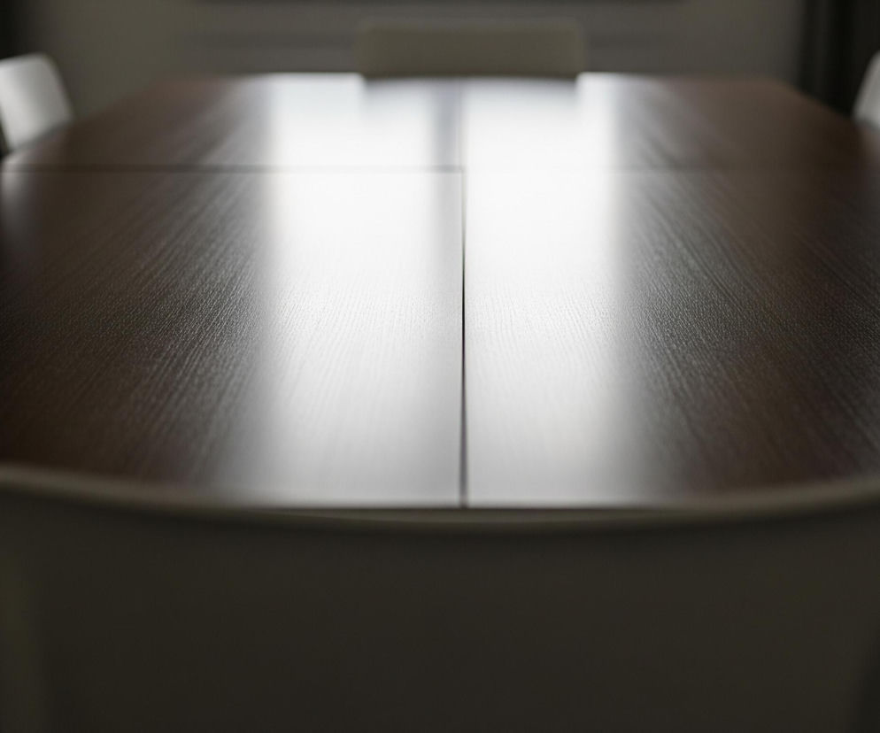 Centralnie ujęty jest długi, ciemnobrązowy stół z wyraźnym usłojeniem drewna. Na jego powierzchni widoczne są dwa pasy jasnego odbicia światła, dzielące stół na segmenty. Wokół stołu ustawione są krzesła z jasnymi, prawdopodobnie szarymi, oparciami, częściowo niewyraźne z powodu płytkiej głębi ostrości. Krzesło na pierwszym planie jest najbardziej rozmyte, podczas gdy pozostałe krzesła w tle są również poza ostrością, widoczne są ich górne części. Tło stanowią niewyraźne ściany i ciemne zasłony, a po prawej stronie widać fragment kaloryfera.