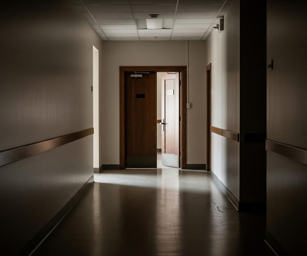 Długi, słabo oświetlony korytarz rozciąga się w głąb obrazu, z dwiema ścianami po bokach i sufitem, z którego zwisają podłużne lampy. W połowie długości korytarza, po lewej stronie, widać otwarte, drewniane drzwi z metalową klamką, za którymi widać fragment jaśniejszego wnętrza. Na ścianach po obu stronach korytarza, na wysokości talii, zamontowane są długie, ciemnobrązowe poręcze. Podłoga w korytarzu jest błyszcząca, odbijając światło padające z sufitowych lamp oraz zza otwartych drzwi, tworząc smugi jasności przełamujące dominujący półmrok.