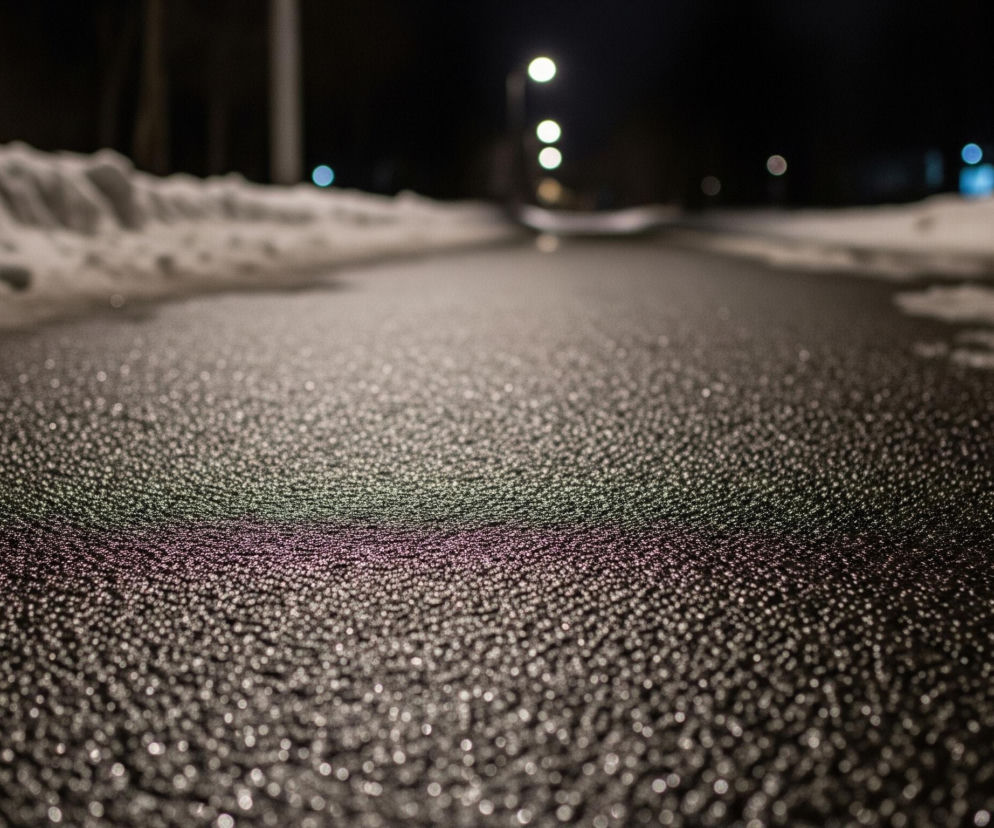 Główny plan wypełnia pokryta drobnymi, błyszczącymi kroplami powierzchnia asfaltowej drogi, rozciągająca się w głąb obrazu. Na środku tej powierzchni widoczne są rozmyte refleksy światła w kolorach różowym i zielonym. Po obu stronach drogi, wzdłuż krawędzi, zalegają stosy śniegu, tworząc białe, nieregularne pasy. W tle, w oddali, znajdują się rozmyte jasne punkty, w tym trzy pionowo ułożone, białe, okrągłe światła, sugerujące lampy uliczne, oraz kilka mniejszych, niebieskich i białych punktów. Całe otoczenie jest pogrążone w ciemności, a jedynie światła i ich odbicia rozświetlają scenę.