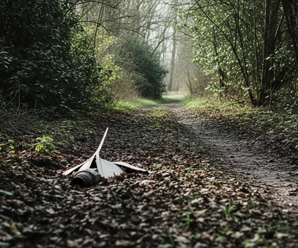 Na pierwszym planie, po lewej stronie drogi gruntowej, leży uszkodzony, biały element z wystającą czarną rurą lub końcówką, otoczony brązowymi, opadłymi liśćmi. Droga, pokryta głównie ciemnobrązowymi liśćmi i gdzieniegdzie zieloną trawą, rozciąga się w głąb obrazu, gdzie staje się jaśniejsza i mniej wyraźna, otoczona gęstą roślinnością. Po obu stronach ścieżki widać wysokie, zielone krzewy i drzewa z nagimi gałęziami, tworzące zacieniony tunel, z rozjaśnionym końcem w oddali.