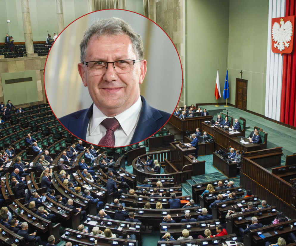 Sala obrad Sejmu z lotu ptaka. Na wstawce uśmiechnięty poseł Tadeusz Chrzan. O jego immunitecie czytaj w SE Polityka.